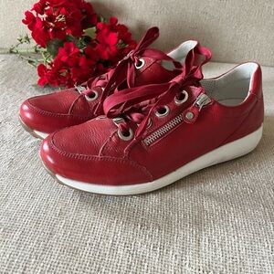 ARA Women's Red Ollie Leather Zip High Soft Sneakers EU Size 5.5/US Size 8